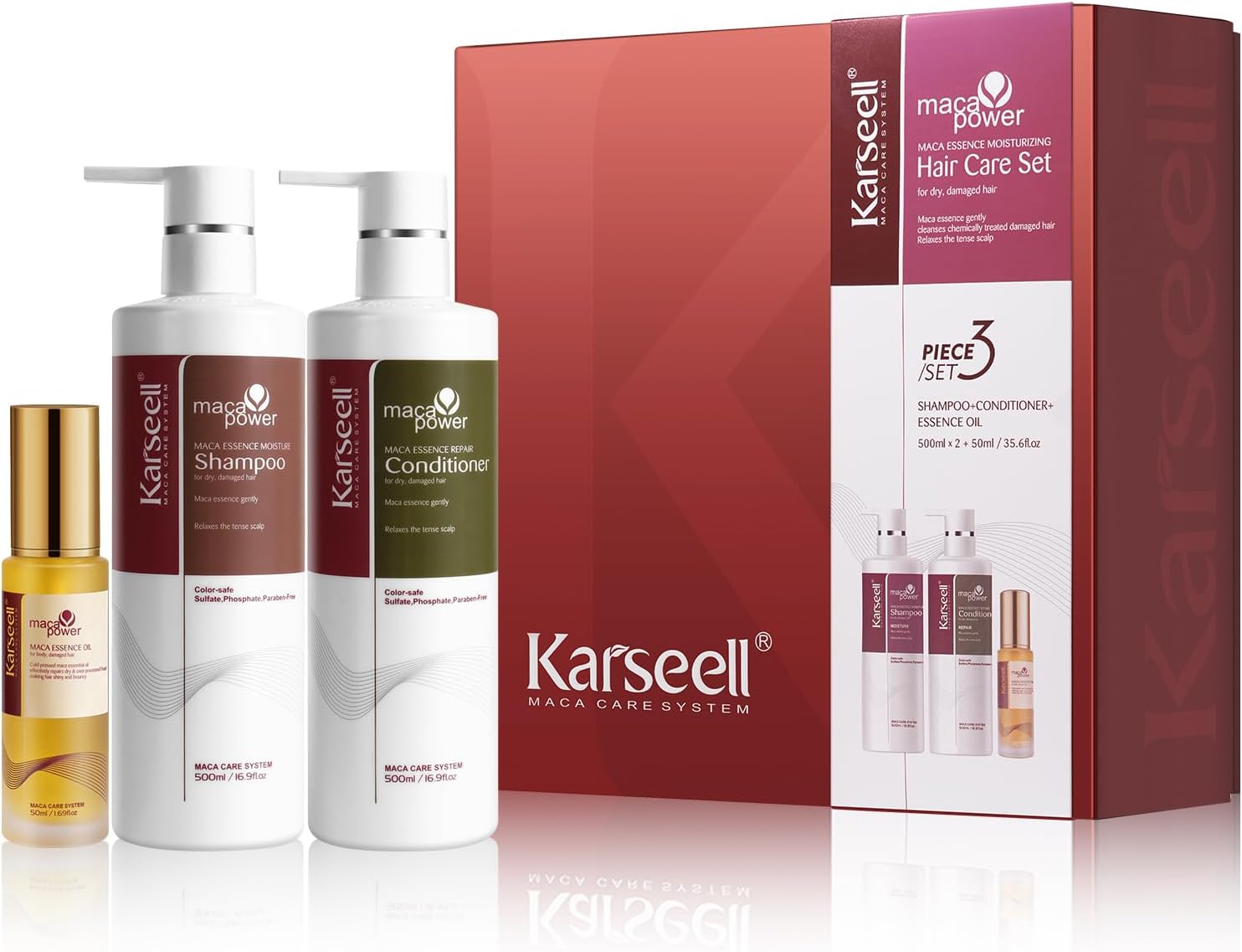 Karseell Maca Essence Haarolie Shampoo Conditioner Haarverzorgingsset, dieptereparatie, cadeauset voor droog beschadigd haar, alle haartypes, 2 x 500 ml + 50 ml