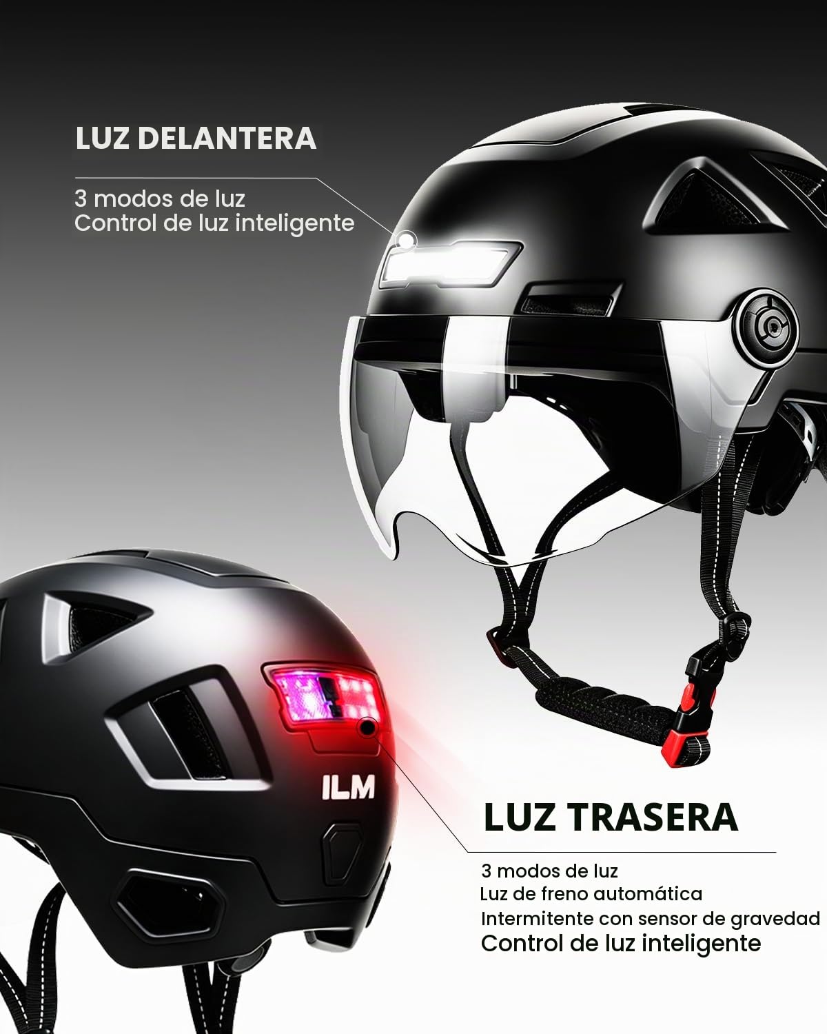 ILM Casco Patinete Electrico Adulto Casco Bicicleta Homologado NTA-8776 CPSC CE con Luz LED Intermitentes & Freno con Visera para Hombre Mujer Modelo E3-12LS,Negro Mate,L/XL