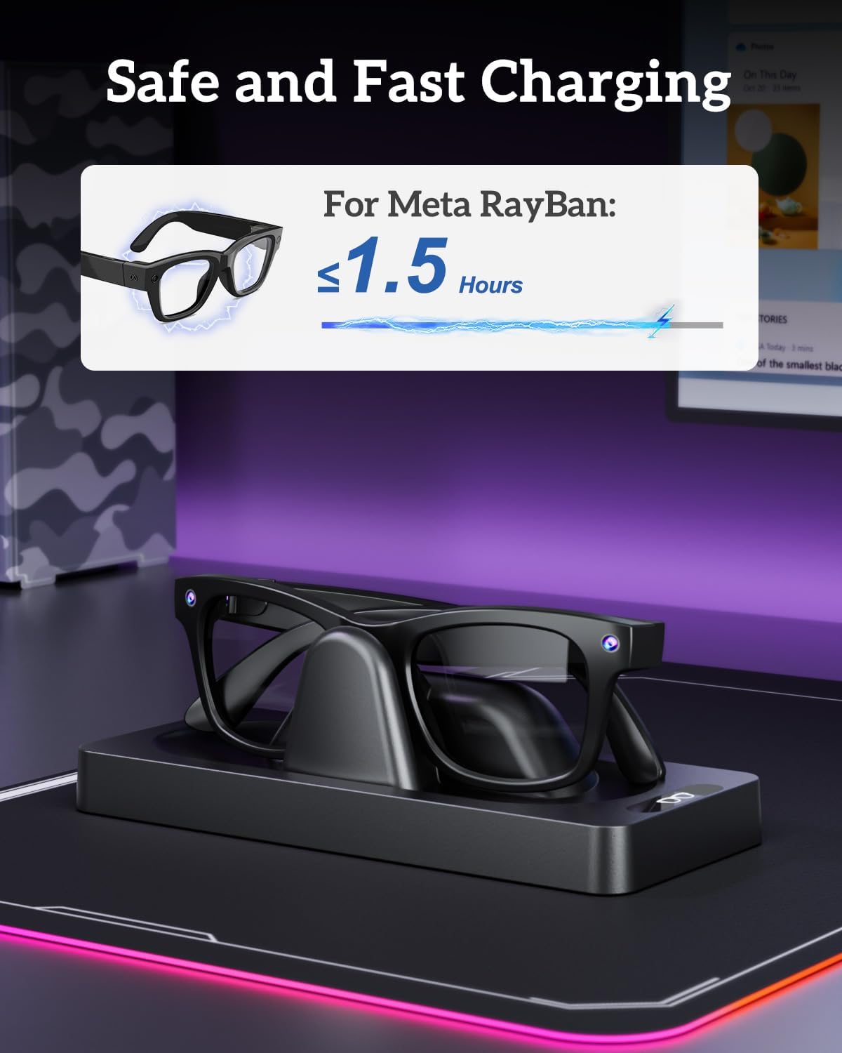 OLCLSS Charging Dock for Meta Ray-Ban Smart Glasses,Desktop Charging Station for Ray Ban Meta Wayfarer Gen 1 Only, AI Glasses Charger Stand with Stable Base, LED Indicator&USB Port
