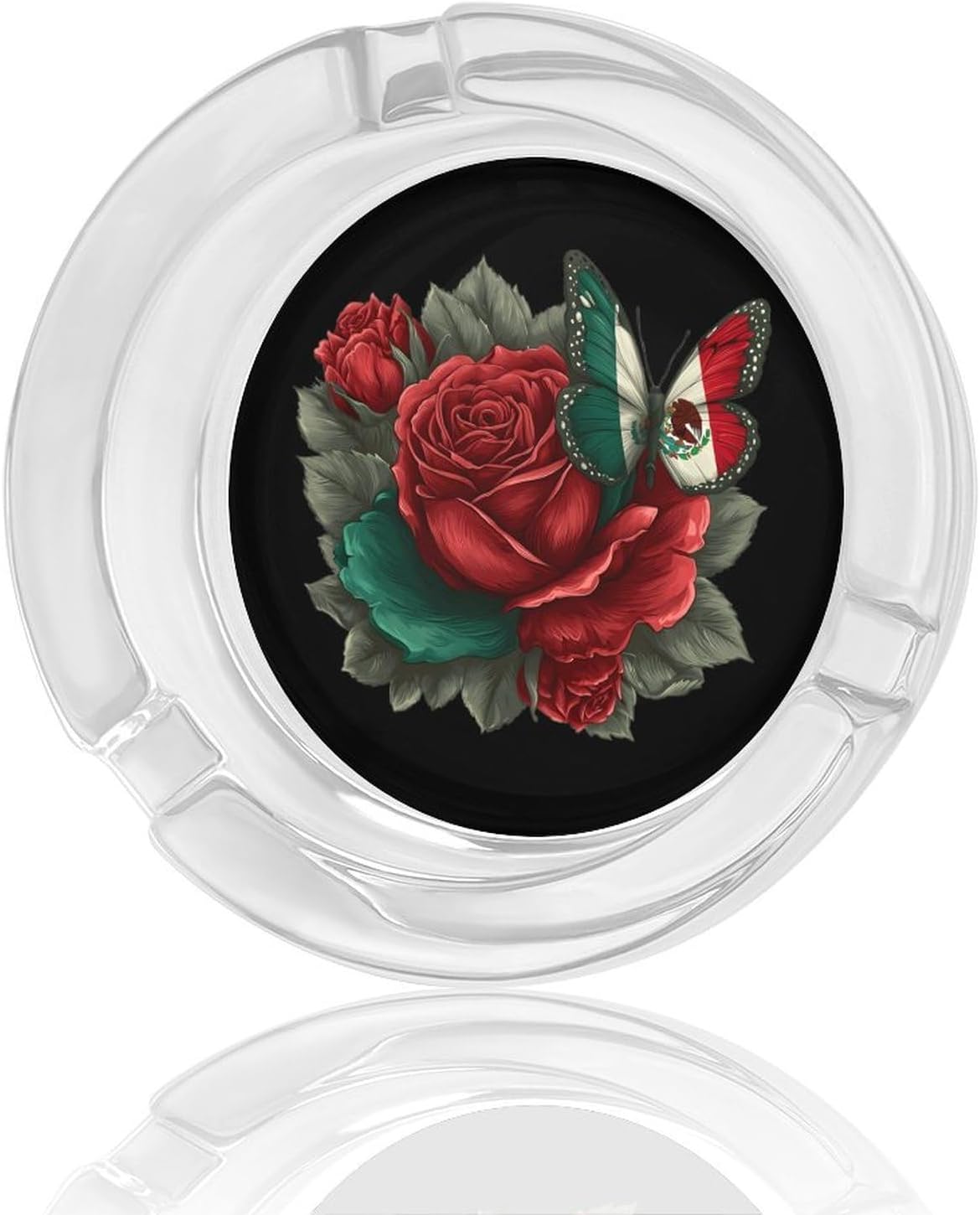 Mexican Flag Butterfly Rose Round Glass Ashtray for Cigarettes | Portable Cigars Glass Ash Tray Holder for Home Office Tabletop Decor
