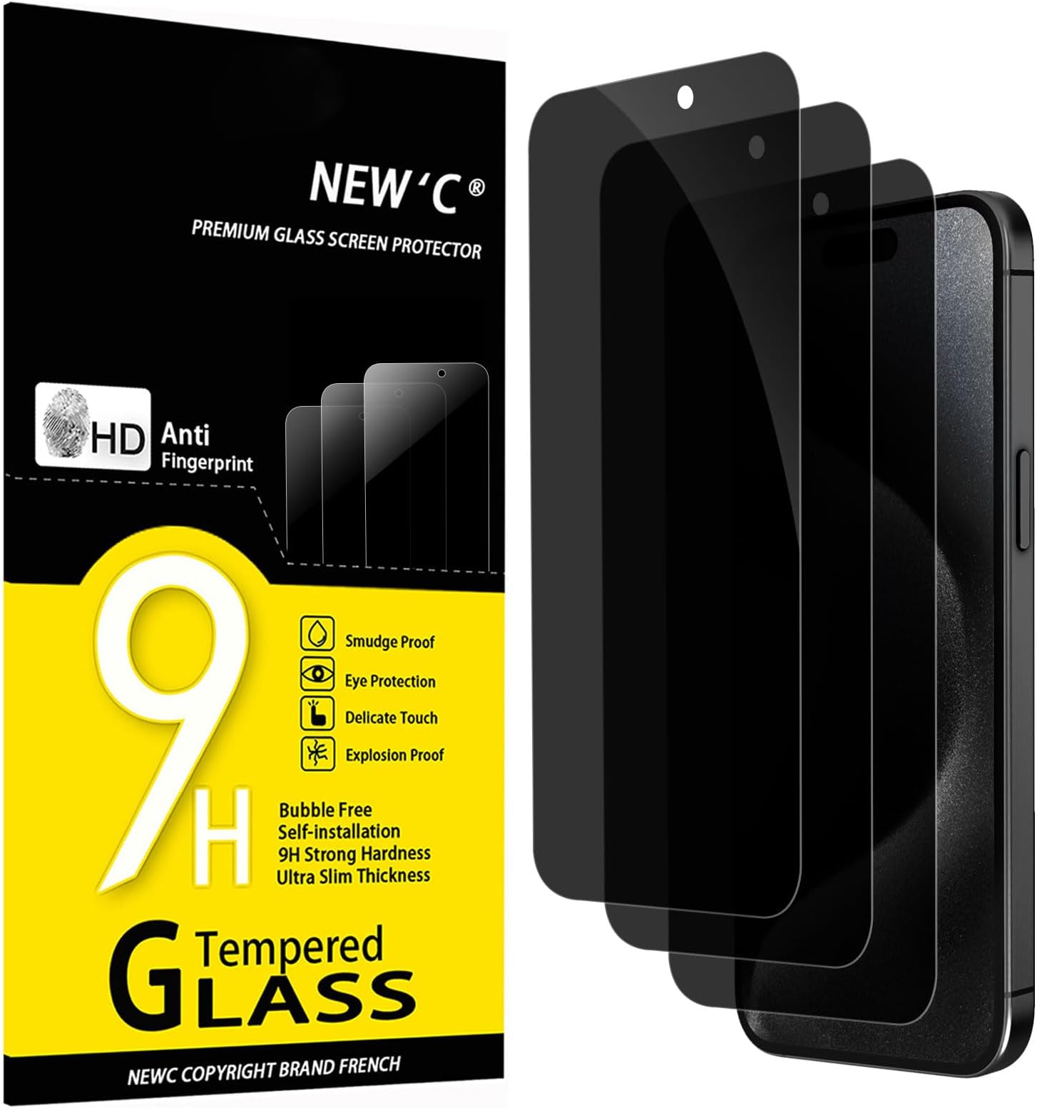 NEW'C 3 x Privacy Screen Protector for iPhone 15, iPhone 15 Pro (6.1 Inch) - 28 Degree Enhanced Privacy Angle, Ultra Tough 9H Hardness, Bubble Free