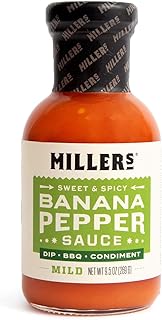 Miller's Banana Pepper Mild Hot Sauce, Sweet Spicy Banana Pepper Sauce - Best Use for Chicken Wing, Burgers, Sandwich with Low Sodium Content 9.5 OZ
