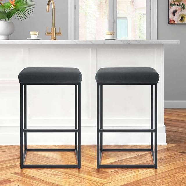 ALPHA HOME Bar Stools Set of 2 Black, 30 Inch Counter Height Bar Stool with Footrest, PU Leather Bar Chair Backless, Kitchen Bar Stools Dining Cafe Bar Chair with Thick Cushion and Sturdy Metal Frame
