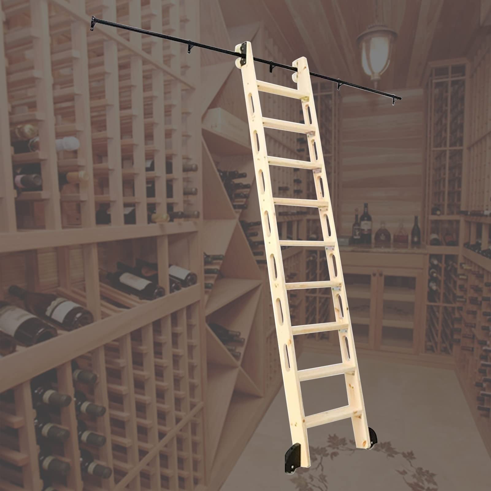 MiroDo Rolling Ladder Hardware Kit Sliding Barn Door Hardware Kit, Black Steel Rolling Library Ladder kit with Floor Roller (No Ladder), 3.3ft-20ft Round Tube Carbon Steel Rolling Full Se