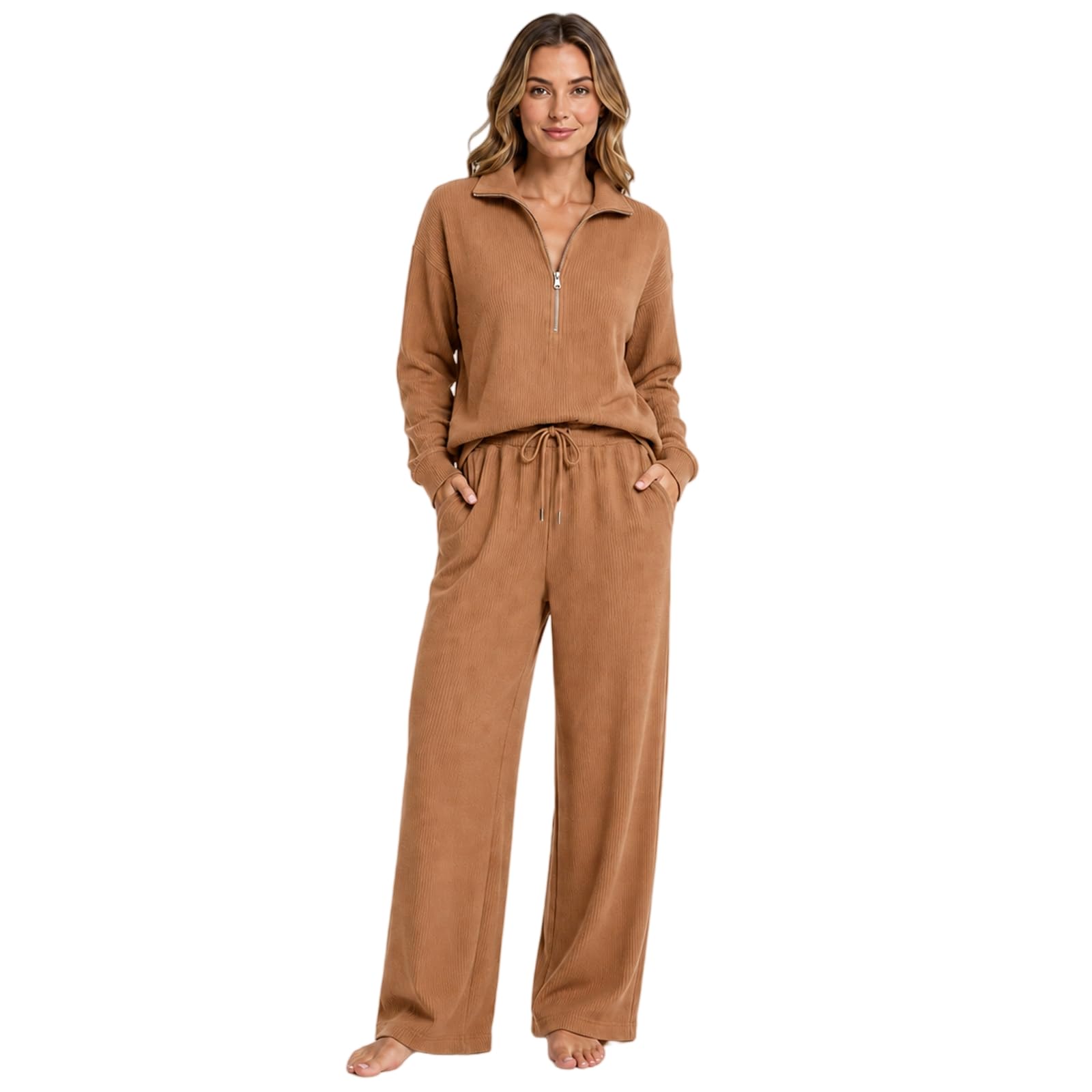 Set da salotto da donna in 2 pezzi, con mezza zip e pantaloni a gamba larga