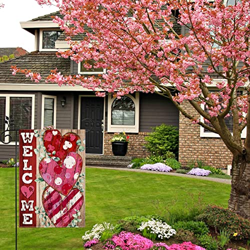 Anydesign Valentine's Day Welcome Garden Flag Rustic Hearts Pattern Yard Flag Double-Sided Farmhouse Hearts Decorative Outdoor Flag For Anniversary Wedding Patio Lawn Garden, 12.5 X 18 Inch #TOP4