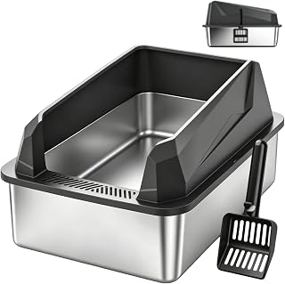XL Stainless Steel Cat Litter Box, High-Sided Design, Non-Stick, Easy to Clean, Includes Scoop