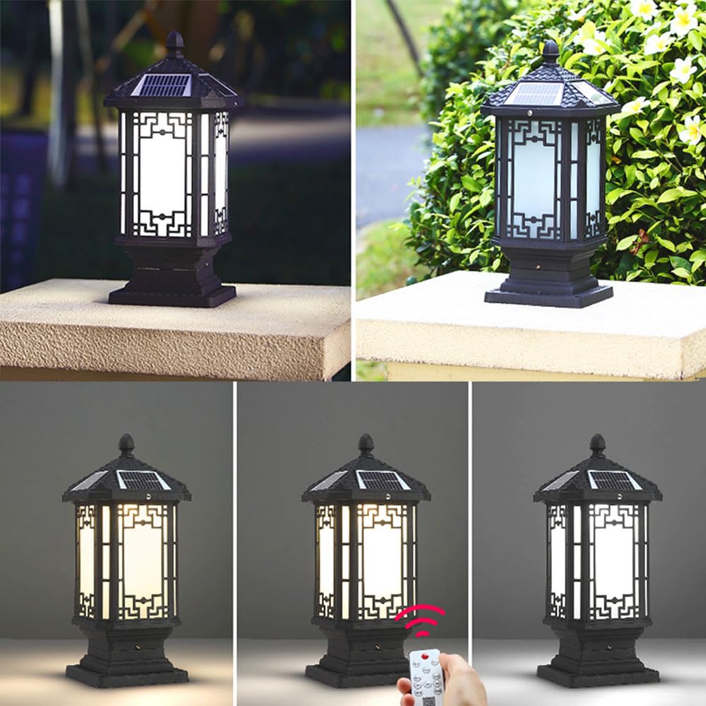 Zewnętrzna lampa solarna – aluminiowa lampa stojąca, latarnia zewnętrzna z podstawą montażową filaru 15 cm, oświetlenie zewnętrzne na werandzie, do ogrodu, na podwórko, patio