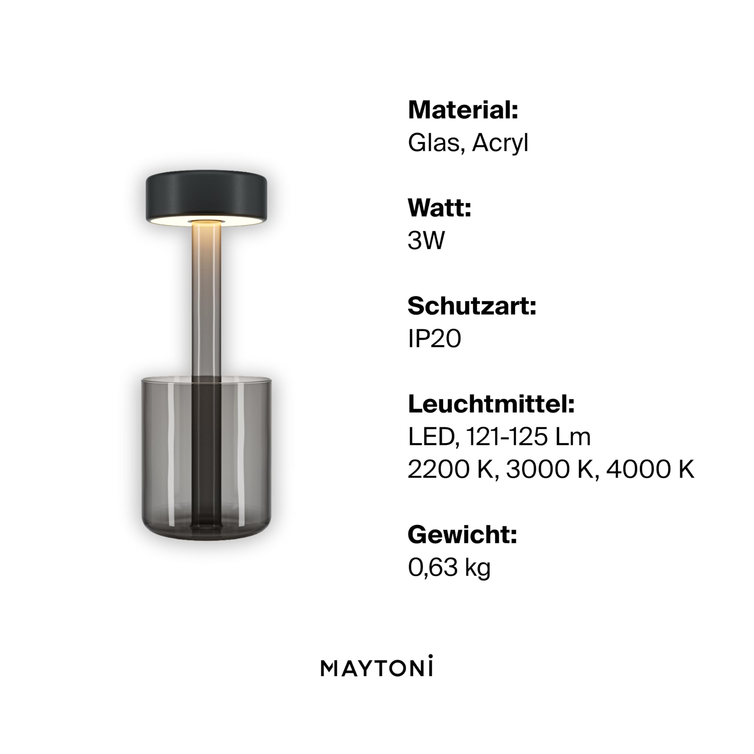 Maytoni Akku-Tischleuchte Symbia Rauchglas Schwarz, LED 3W dimmbar, 3 Farbtemperaturen 2200K 3000K 4000K, kabellos, IP20, Tischlampe Restaurant Terrasse, 2 in 1 Vase und Lampe, Touch Bedienung