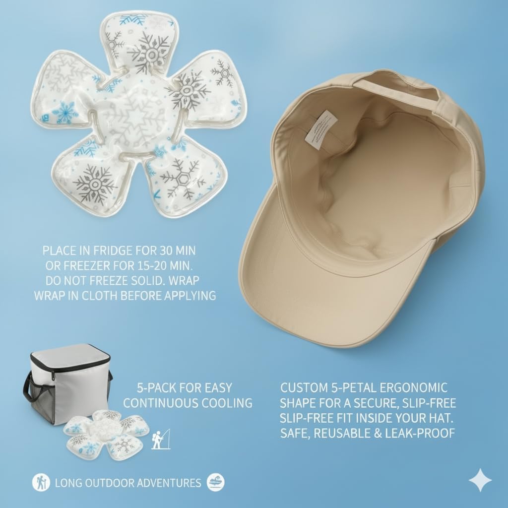 Cooling Sun Hat with Ice Pack, Wide Brim Bucket Hat, Foldable & Packable, Windproof Strap, for Hiking, Camping, Fishing, Travel (Khaki)