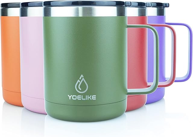 Yoelike Insulated Coffee Mug with Handle, 410ml/14oz Double Wall Vacuum Stainless Steel Travel Coffee Mug Spill Proof, Powder Coated Camping Mug for Office Outdoor Hot Cold Drinks Green