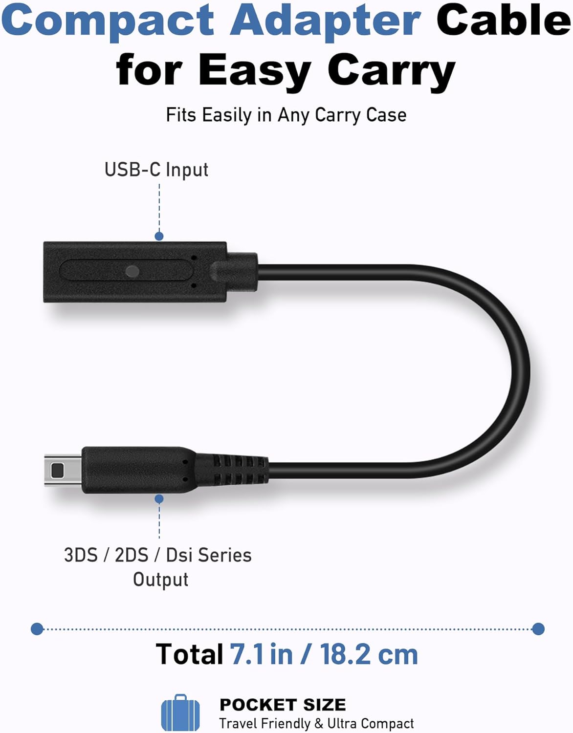 USB-C to 3DS Charger Cable for Nintendo 3DS / 2DS / DSi – USB-C Female Input – Supports 5V PD & Standard USB-C Chargers