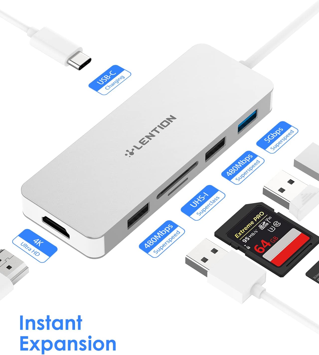 LENTION USB C Hub with 4K HDMI, SD/Micro SD Card Reader, USB 3.0, USB 2.0 and Charging Compatible 2023-2016 MacBook Pro, New Mac Air/Surface, More, Stable Driver Certified Adapter (CB-C17, Silver)