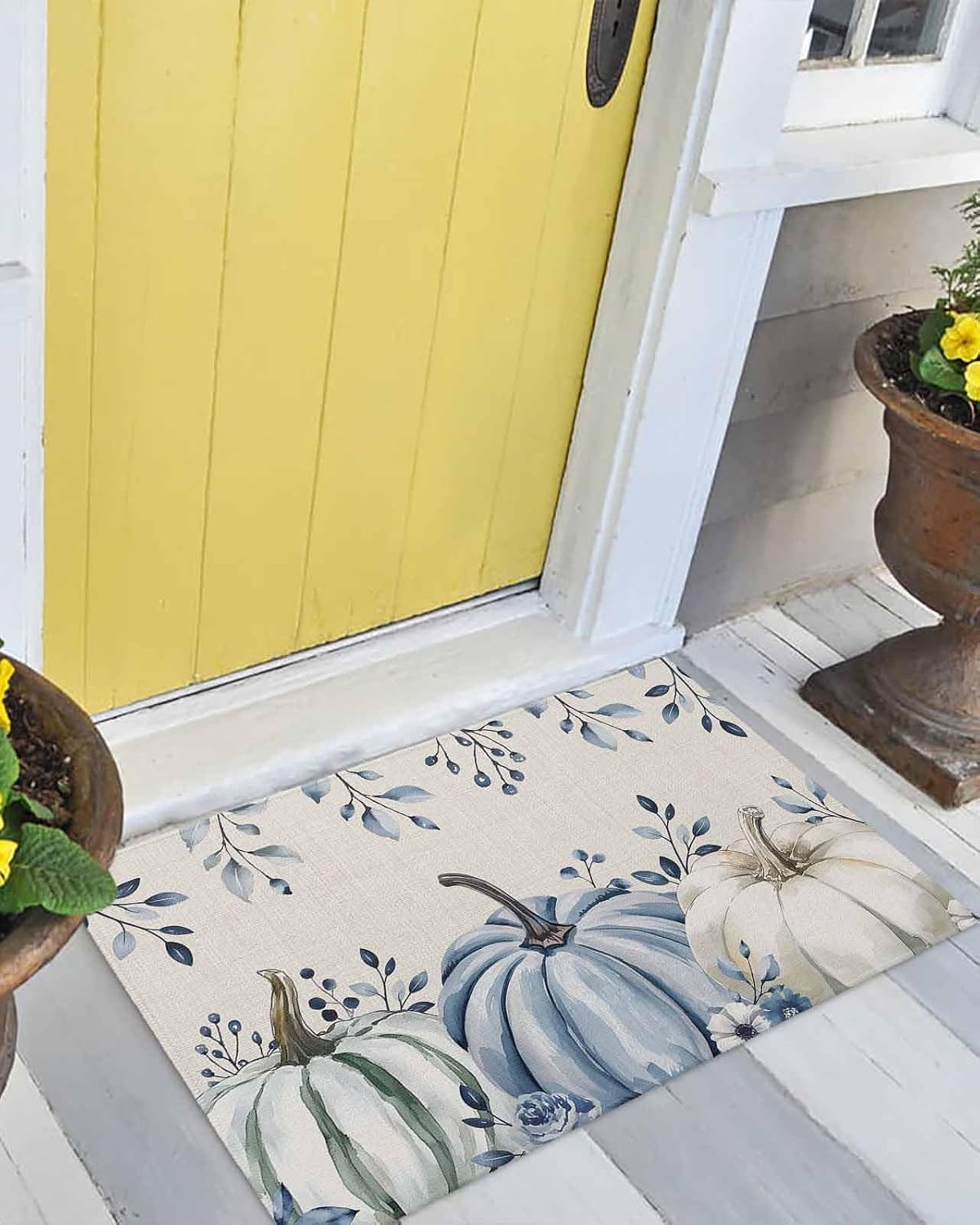 Front Door Mat, Non - Slip Absorbent Door Entry Mats, Doormats Indoor/Outdoor Entrance Small Rugs, Fall Eucalyptus and Pumpkins for Thanksgiving Doormat - Easy to Clean Floor Mats for Home 24x36 Inch