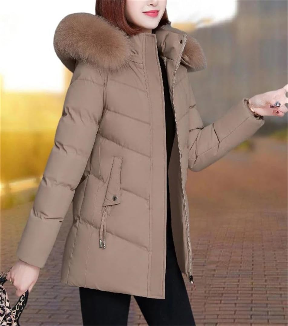 Womens Mid Length Winter Coat With Fur Collar Hooded Cotton Padded Jacket