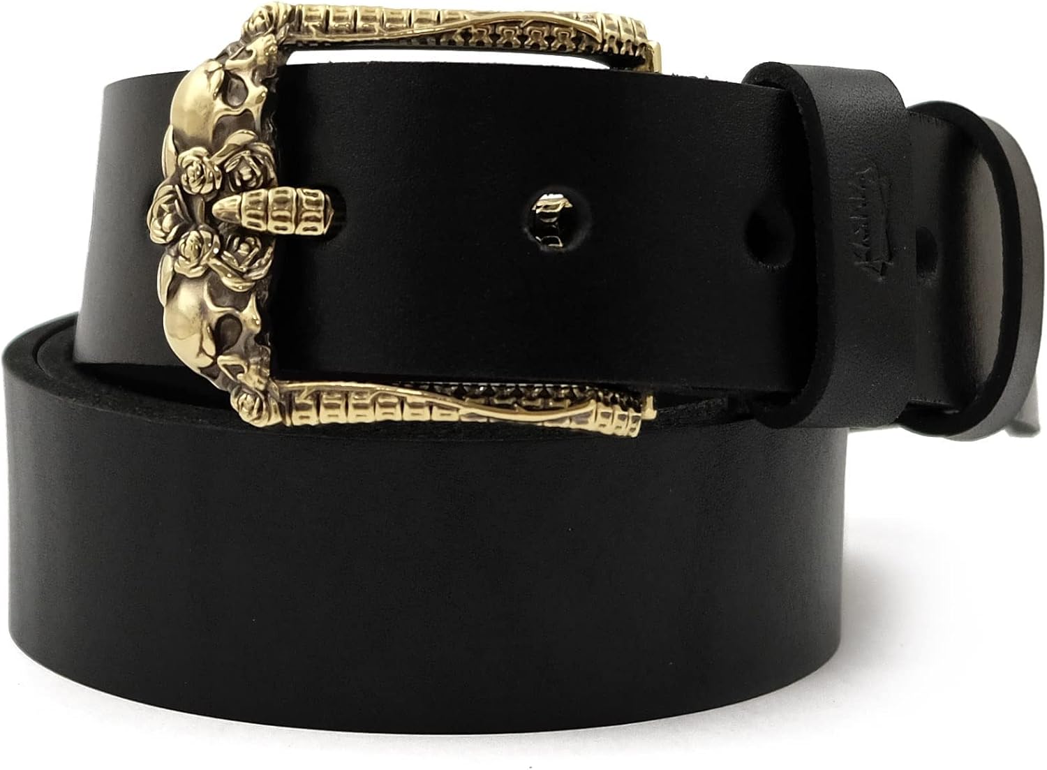 Skulls and Roses Belt Buckle - Solid Brass Pin Type Buckle for 1.5 Inch Belt, Western Gothic Rocker Style