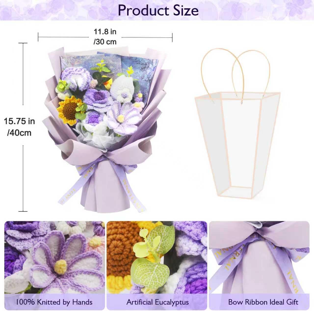 Large Crochet Flowers Bouquet – Handmade Knitted Tulips, Carnations, Sunflowers, Roses – Gift for Women for Valentine's Day, Anniversary, Birthday, Mother's Day, Wedding or Home Decor (Purple, 15.75″) - Image 5