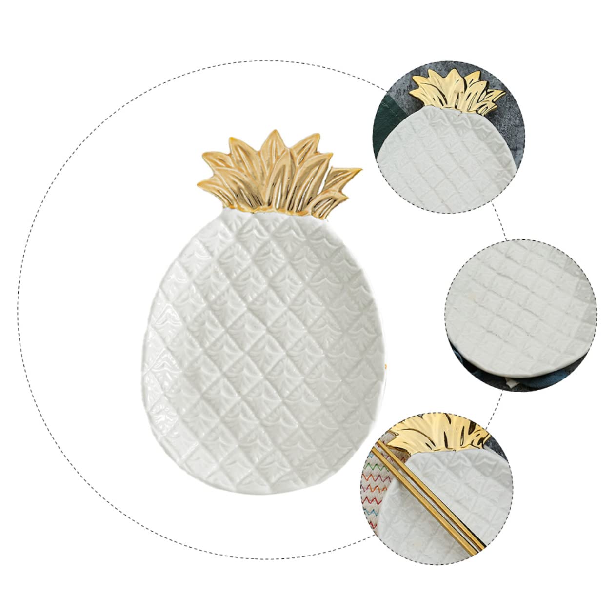 1 x Blatttablett Ananas-Teller, Keramik-Ringschale, Porzellan, Snack-Servierschale, Ananas-Keramikteller, Schmuckteller, Organizer, Ananas-Tablett, Serviertablett, weiße Ornamente, Obst