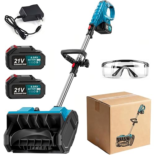 21V Cordless Snow Blower Set, 13-Inch Electric Snow Shovel with Brushless Motor, 2 Li-ion Batteries, Adjustable Handle, Safety Switch for Driveways and Sidewalks (2 Battery Blue)
