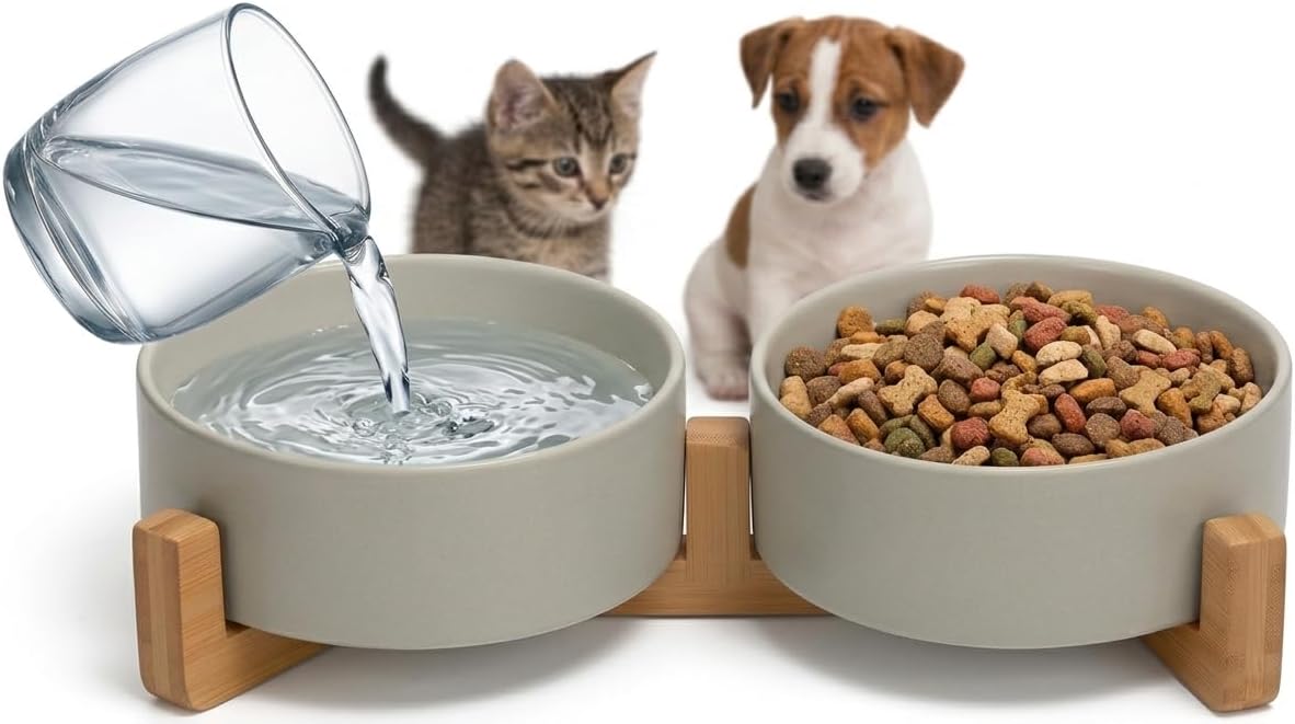 Elevated Ceramic Pet Bowls – Double Raised Food and Water Bowls for Dogs and Cats with Bamboo Stand, Gray Modern Non-Slip Dishwasher Safe Feeder Station