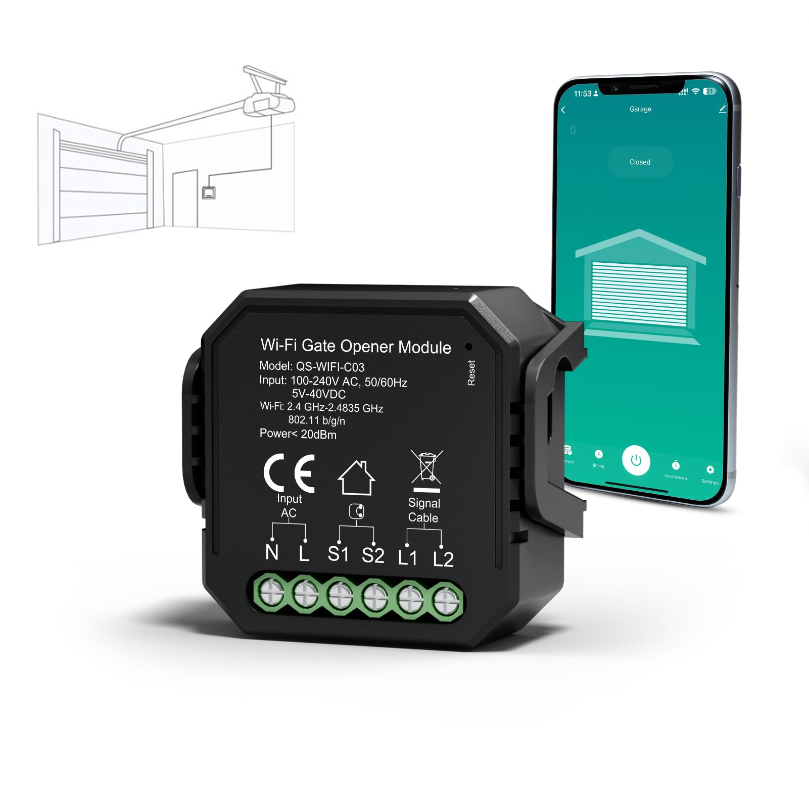 Yomogi Abrepuertas de Garaje Wi-Fi, Módulo de Interruptor Inteligente para Garaje, Control por Voz y Programación, Compatible con Alexa/Google Home/Smart Life, Fácil de Instalar