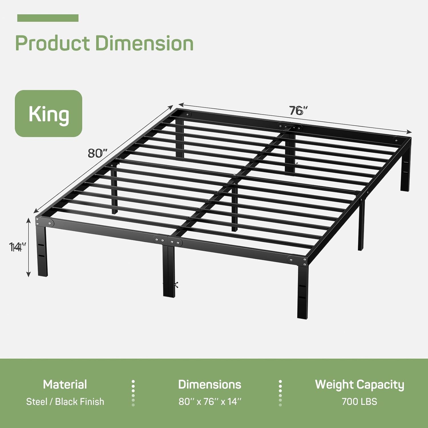 King Size Bed Frame, Metal Platform Frames No Box Spring Needed, Heavy Duty with Storage Space, 14 Inches High, Sturdy Steel Slat Support, Black