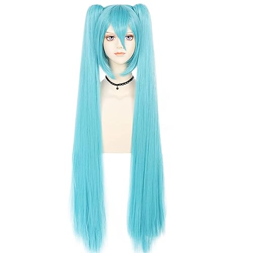 Miniatura 2 de JoneTing Peluca larga azul + gorra de peluca peluca de cosplay azul con colas de caballo para mujer, pelucas largas y lacias, pelucas de pelo