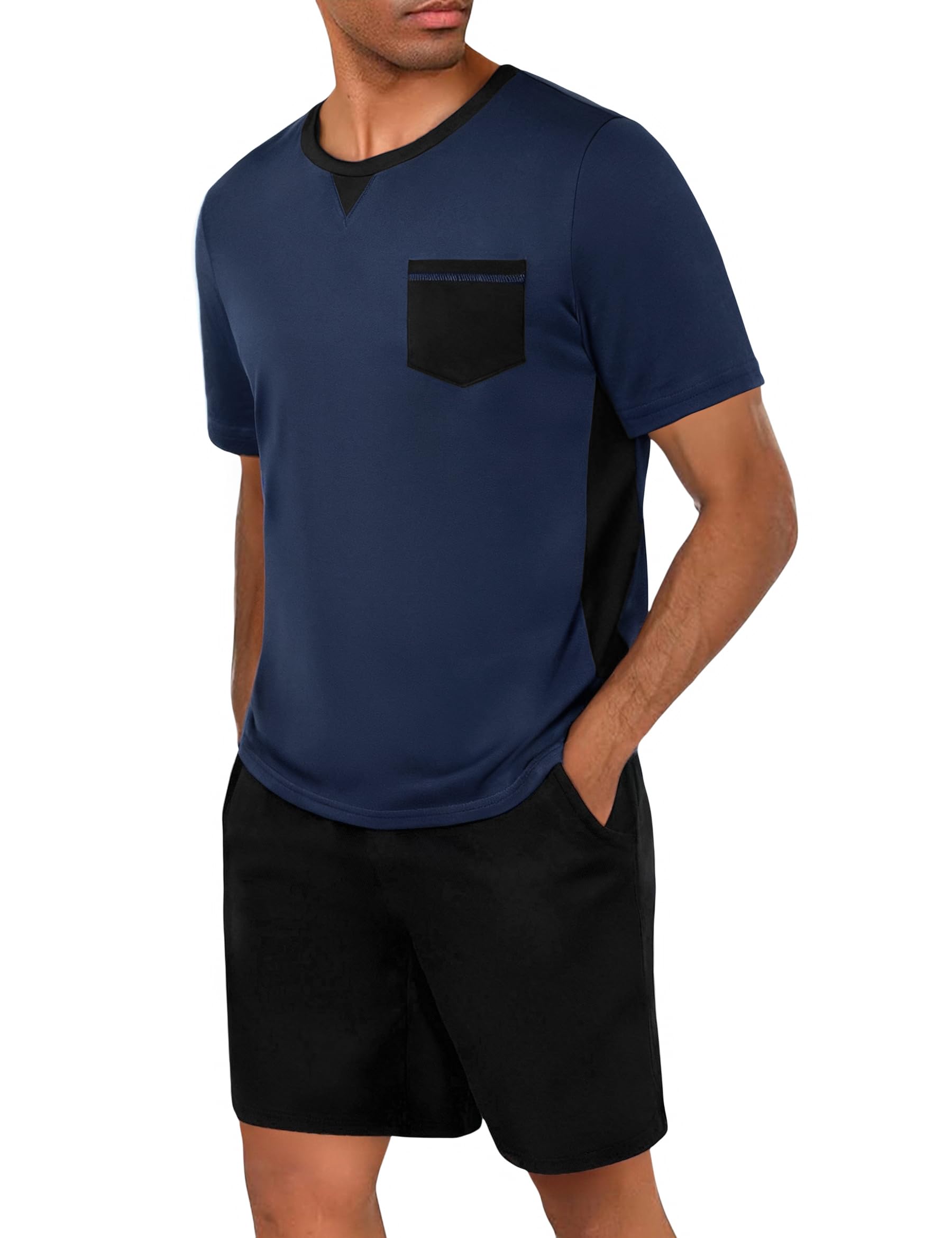 Marvmys Schlafanzug Herren Kurzarm Baumwolle Sommer PyjamaSet V-Ausschnitt Shorts