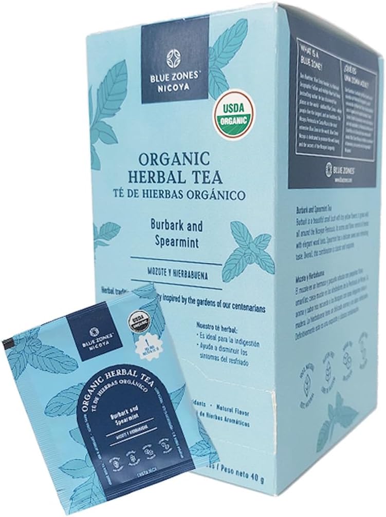 BLUE ZONESNicoya - Burbark & Spearmint Flavored Tea Bags - 100% Natural, Organic, and Refreshing - High Micronutrients - Gluten, Caffeine, Sugar-Free - Pack of 20 (1.41 oz/ 40 g)
