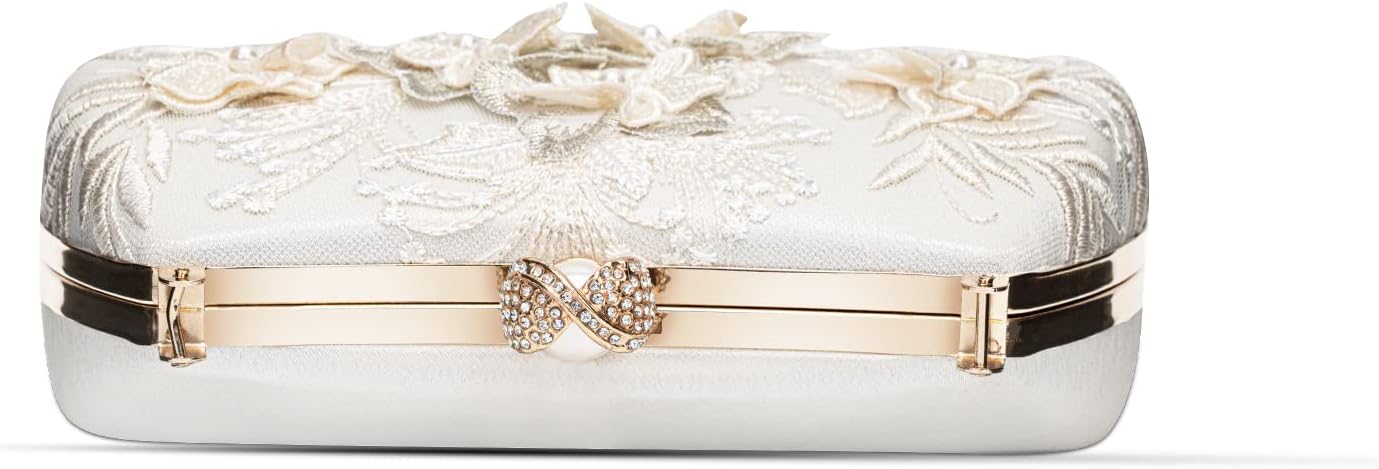 Premium Floral Lace Satin Pearl Top Handle Clutch Handbag With Detachable Chain flower wedding Bridal Bag