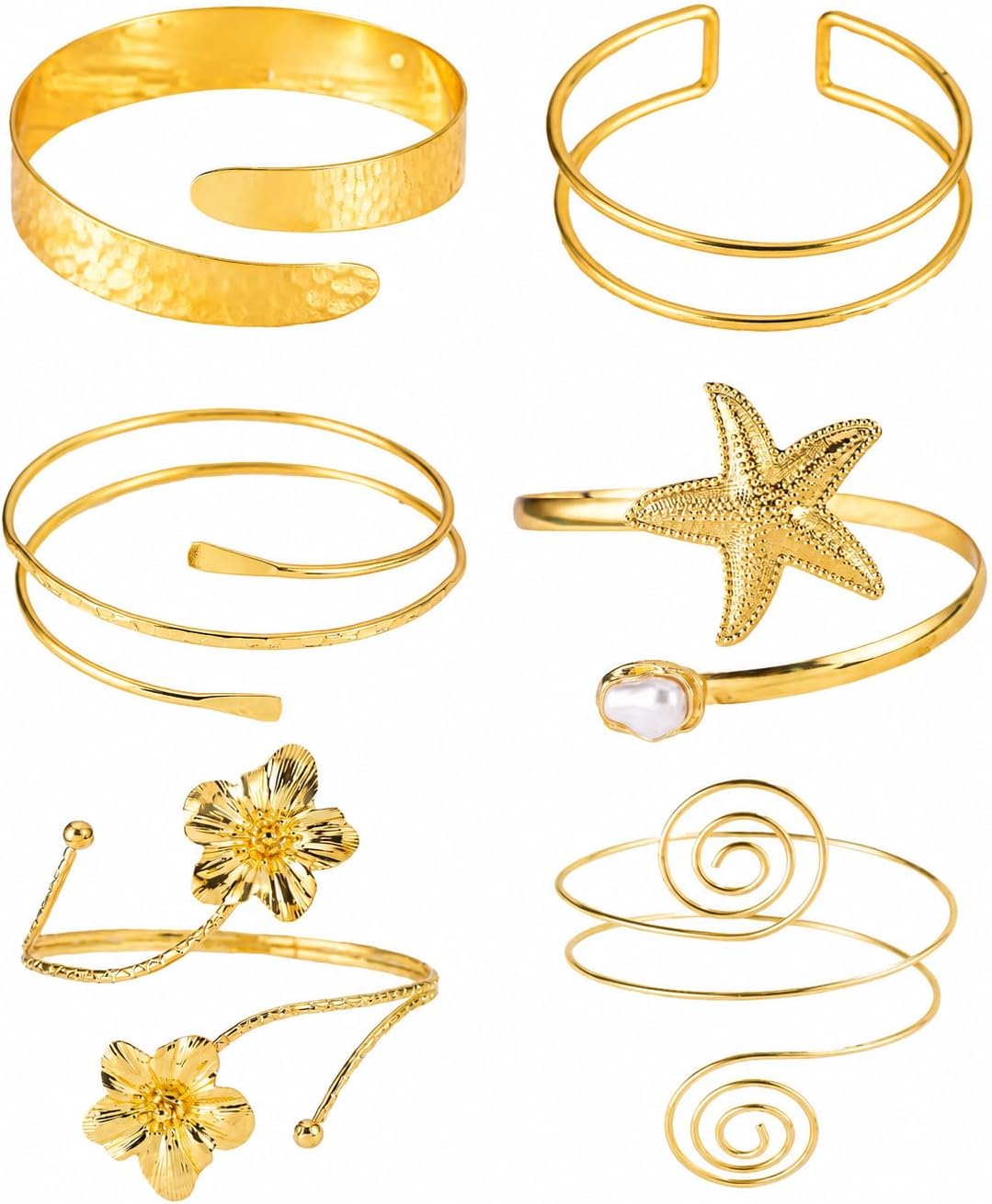 6 PCS Boho Gold Arm Cuff Jewelry for Women - Adjustable Minimalist Upper Arm Cuffs Bracelet Bangle Set for Beach Party Gifts
