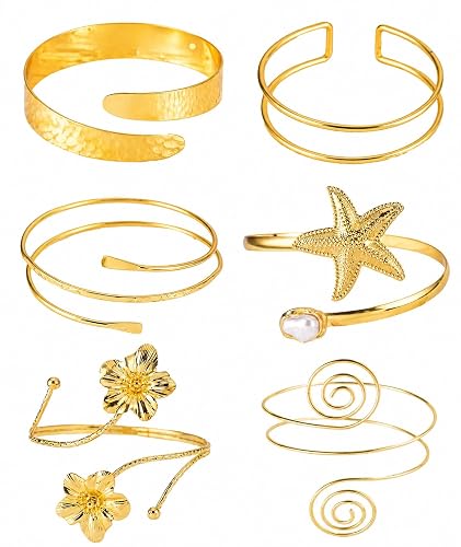 KOVLYNE 6 PCS Boho Gold Arm Cuff Jewelry for Women - Adjustable Minimalist Upper Arm Cuffs Bracelet Bangle Set for Beach Party Gifts