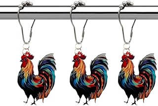 Funny Rooster Shower Curtain Hooks Set of 12 for Bathrooms, Rust-Proof Stainless Steel Decorative Shower Curtain Ring Hangers for Vintage Country Rustic Theme Bathroom Deco Shower Rods