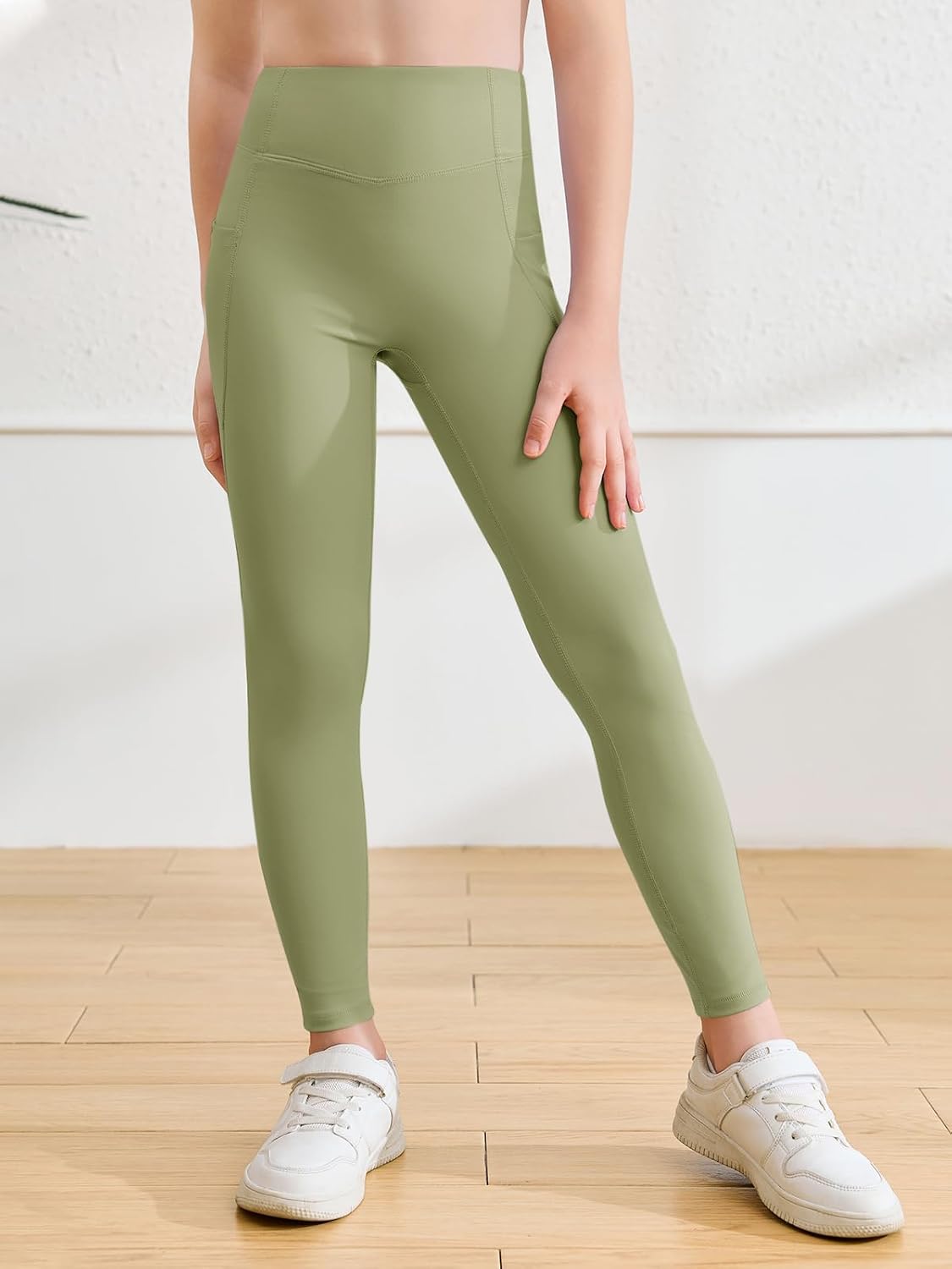 Haloumoning Girls Athletic Leggings with Pockets Kids High Waist Active Tights Dance Running Yoga Pants 5-14 Years