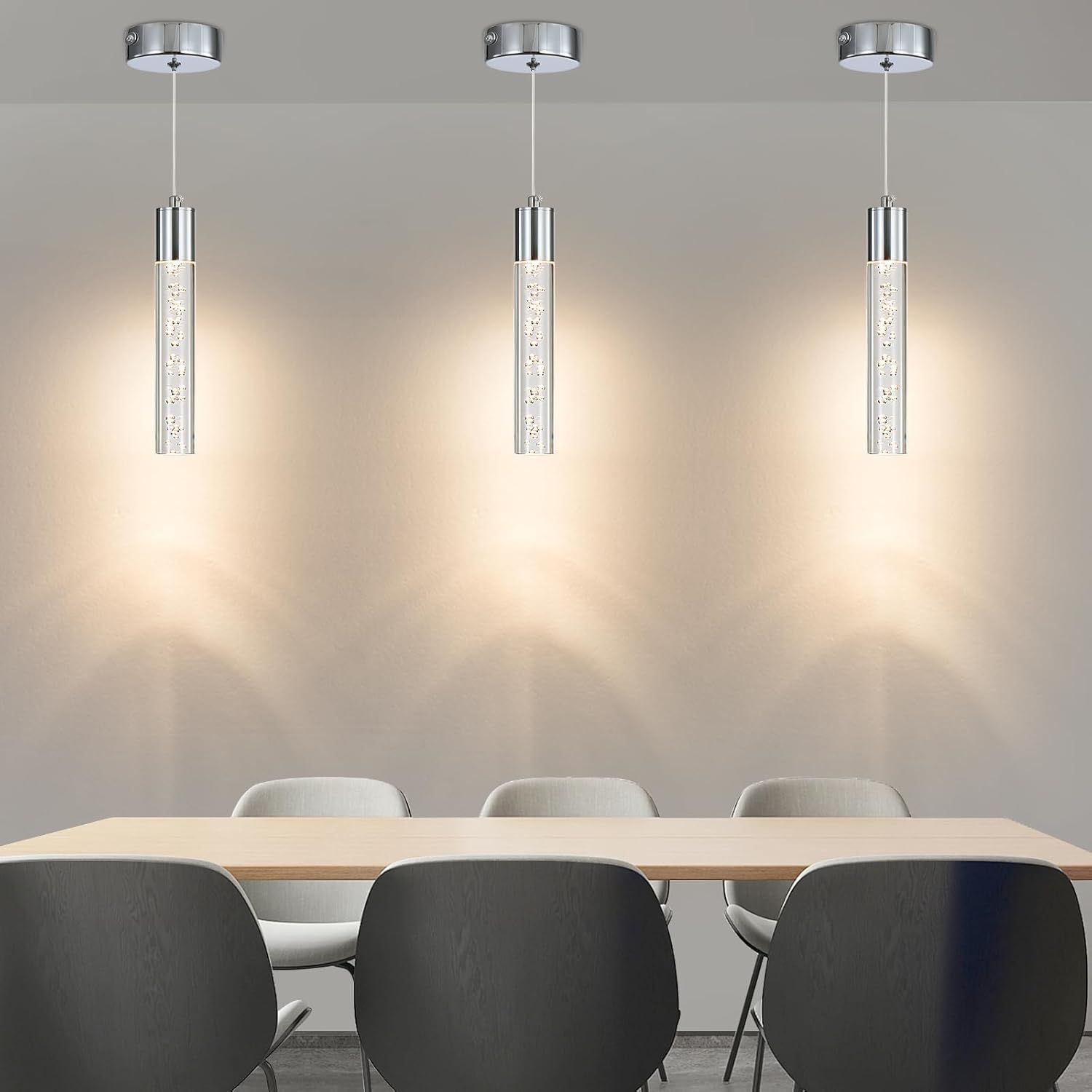 3 Pack Modern LED Pendant Light, Chrome Bubble Hanging Ceiling Lamp Fixture, 3 Color 2700K/4500K/6500K, Small Kitchen Island Chandelier Over Table for Dining Room, Living Room, Bedroom, Bar, Cafe