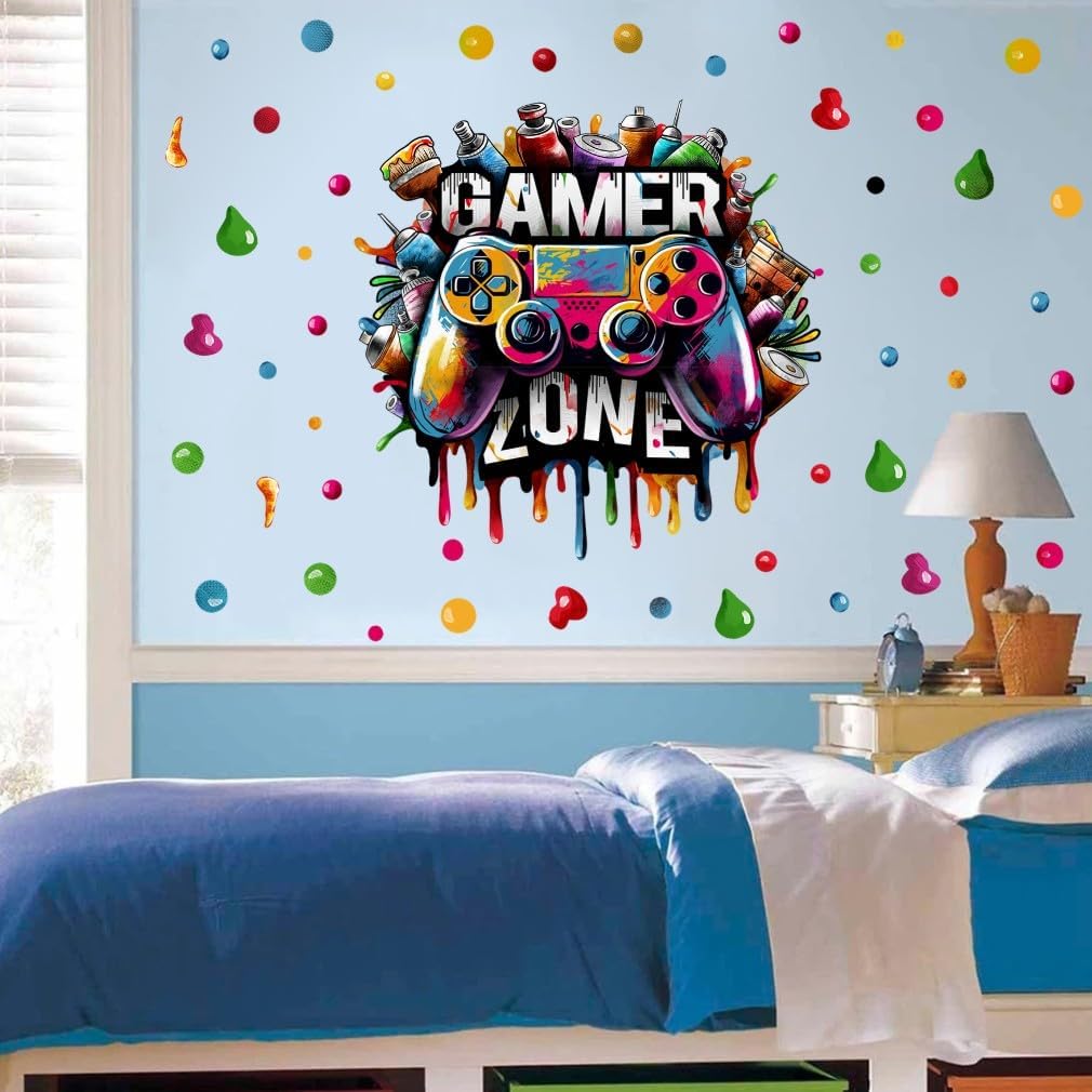 Large 3D Graffiti Gamer Zone Wall Decals (26.8”x26.4”), Watercolor Video Gaming Vinyl Wall Stickers for Game Lover, Removable Video Game Artwork for Boys Playroom Bedroom Decor - Image 6