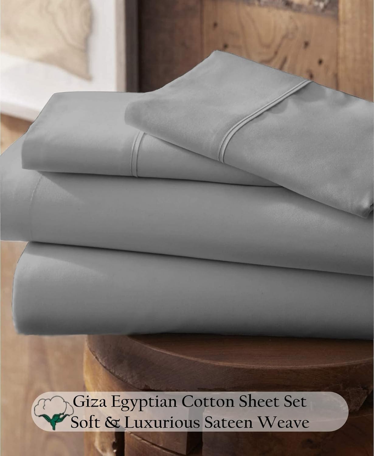 100% Giza Egyptian Queen Sheets Set - Soft Breathable Giza Sheet Set, 16" Extra Deep Pockets Fitted Sheet Fits Thick Mattress, Sateen Weave Sheet Set - Silver