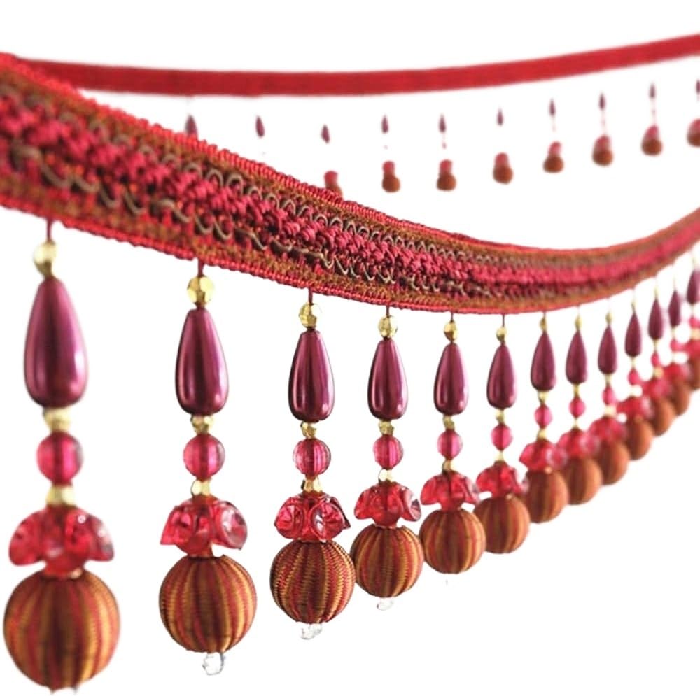 Cenefas con Flecos y Abalorios, Borde de Flecos con Cuentas, 5 Yardas, Multicolor, for Costura decoración del hogar DIY(Red)