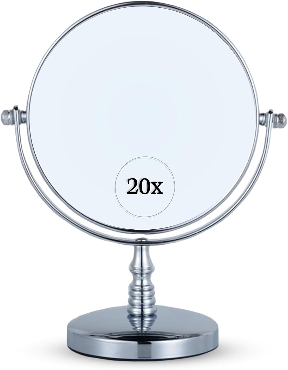 Espejo de maquillaje ampliado 20X / 1X con soporte, 9" x 6" (cromado) | Espejo de tocador y maquillaje de doble cara 20X/1X para uso en escritorio, encimera o baño, ideal para maquillaje y cuidado de la piel