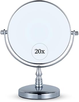 MIRRORVANA 20X Magnifying Makeup Mirror with Stand - Double-Sided 20X/1X Vanity Design for Desk, Countertop, or Bathroom Use - Ideal for Make Up and Skin Care Use - Stands 9" High x 6" Wide Chrome