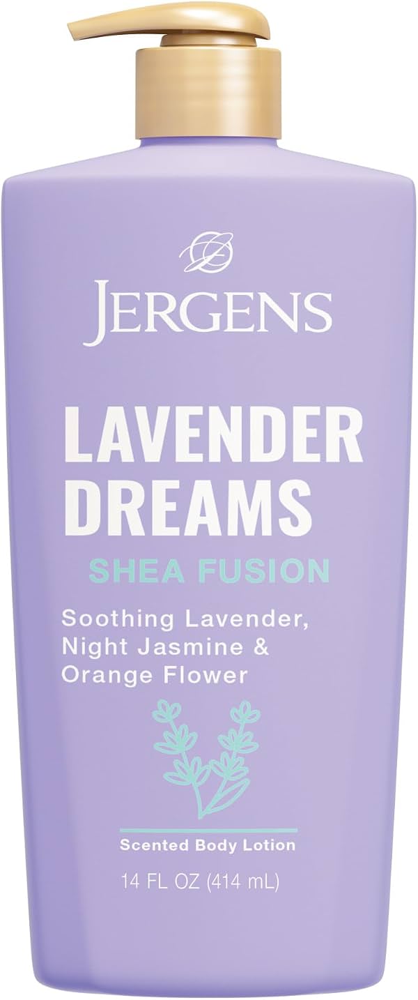Jergens Shea Fusion Lavender Dreams Loción Corporal, Manteca de Karité, 14 fl oz | Humectante para Piel Seca, Loción Corporal Perfumada, Vitamina E, Loción de Manteca de Karité, Aroma a Lavanda, Hidratación Diaria