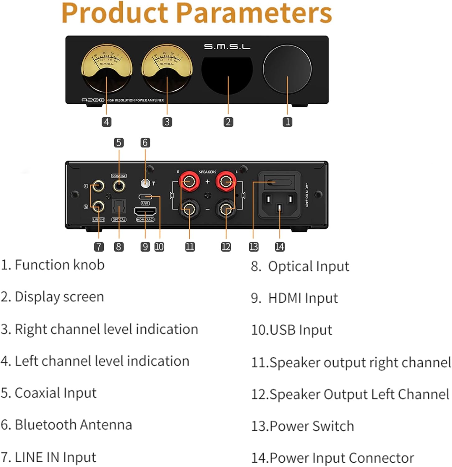 SMSL A200 VU Meter Power Amplifier「MA12070P」x2Chip Bluetooth 5.0 Speaker USB Amplifier Stereo Retro Digital Integrated 6EQ Preset 70W x2 Amp BT/USB/HDMI(ARC)/Optical/Coaxial/LINE in Input HiFi Amp