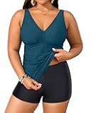 Womens Plus Size Swimsuits with Shorts Tummy Control Tankini Two Piece Bathing Suits Athletic Swimwear