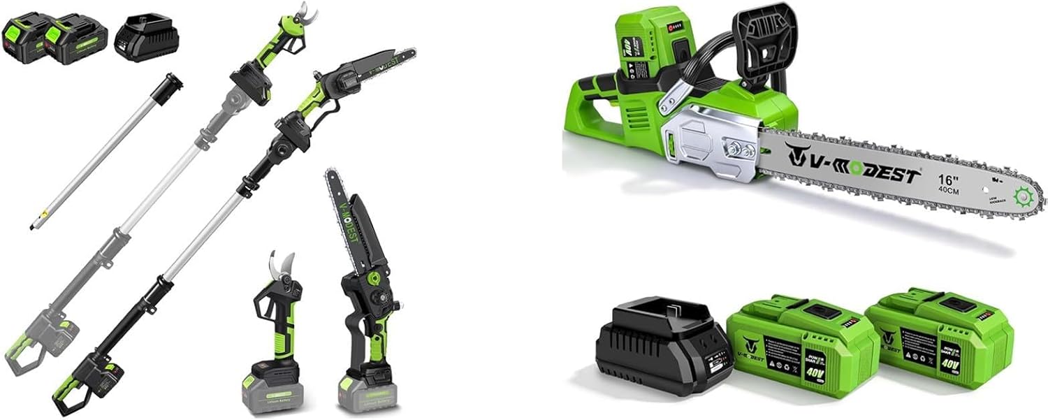 4-in-1 8-inch Pole Saw & Electric Pruning Shears，and V-MODEST 40V 16-Inch Cordless Chainsaw with 2x6.0Ah Batteries & Charger,