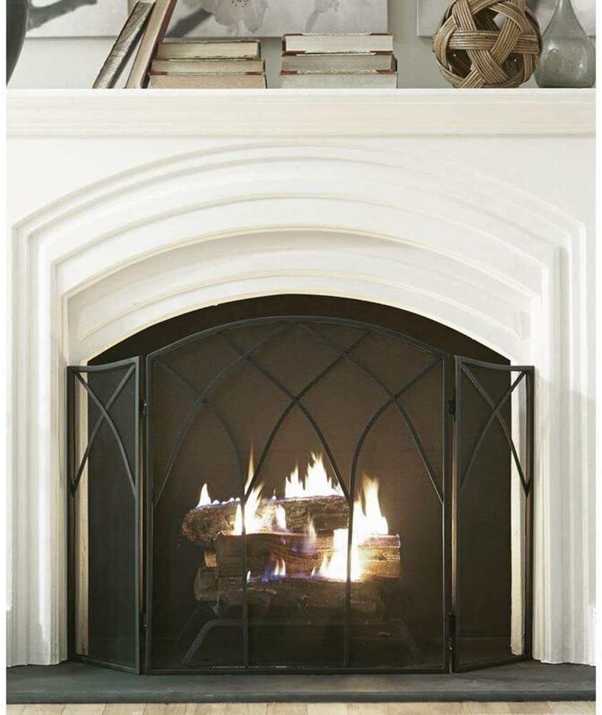 Protector de Pantalla para Chimenea, Pantalla de protección de Arco de 3 Paneles con Doble Barra para Chimenea, Pantalla de Chimenea Negra Grande para