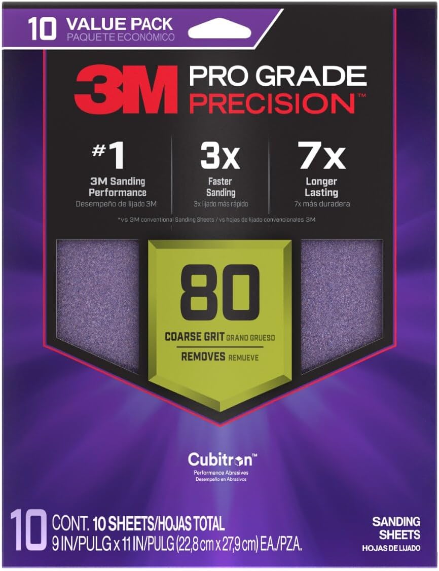 3M Pro Grade Precision Sanding Sheets with No-Slip Grip, 9 x 11 in, 80 Grit, 10-Pack (SHR80-PGP-10T)