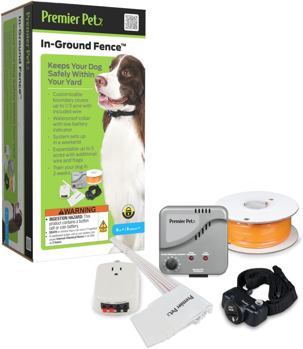 Premier Pet In-Ground Fence System - Customizable Boundary Shape for Dog Yard Safety - Expandable Coverage Area with Wire & Flag Expansion Set - Waterproof Collar - Adjustable Static Correction