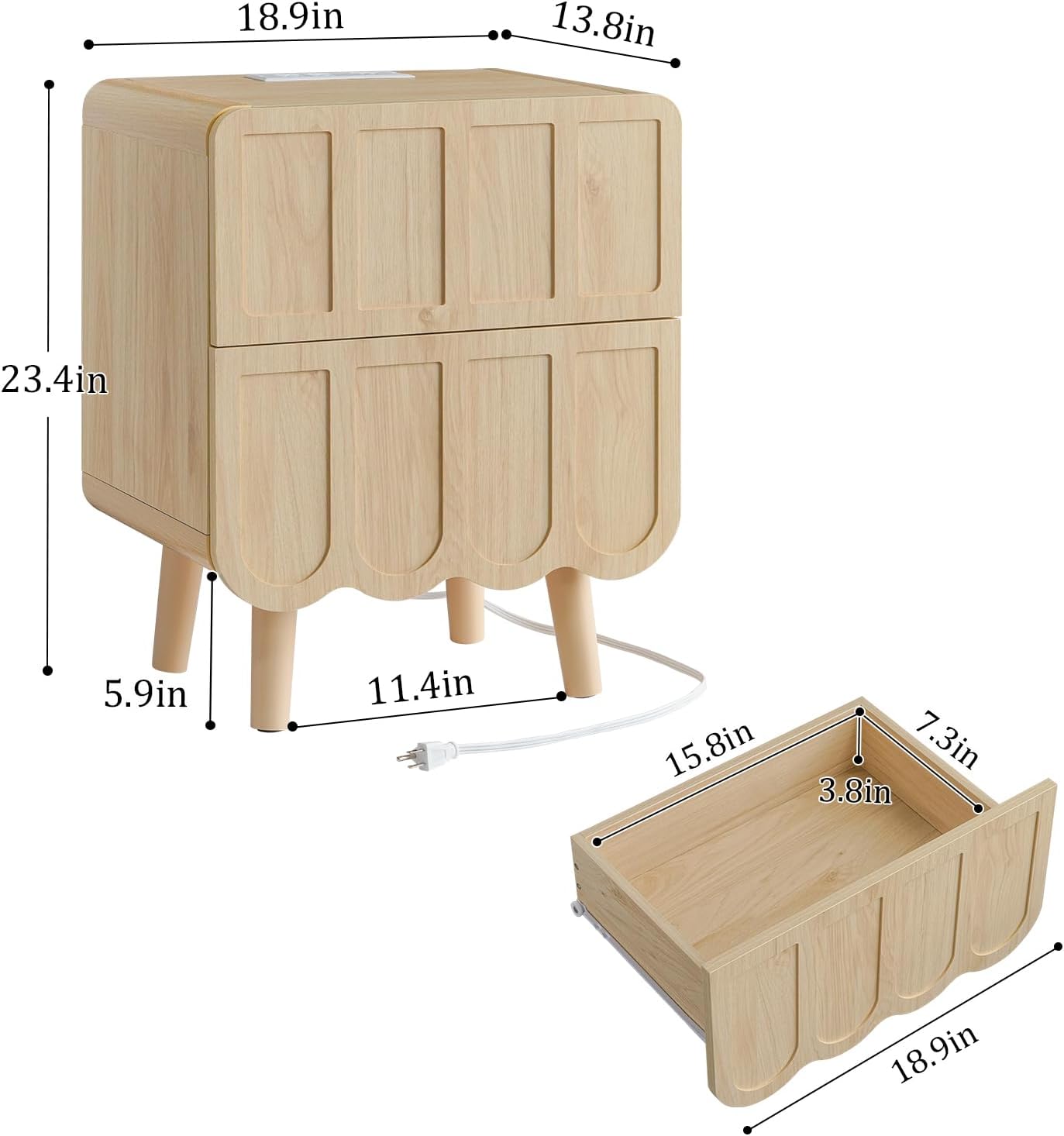 LYNCOHOME Nightstand with Charging Station, 18.9 inch Wide End Table with 2 Drawers, Modern Wood Bedside Table Mid Century Modern Night Stand for Bedroom (Natural) - Image 2