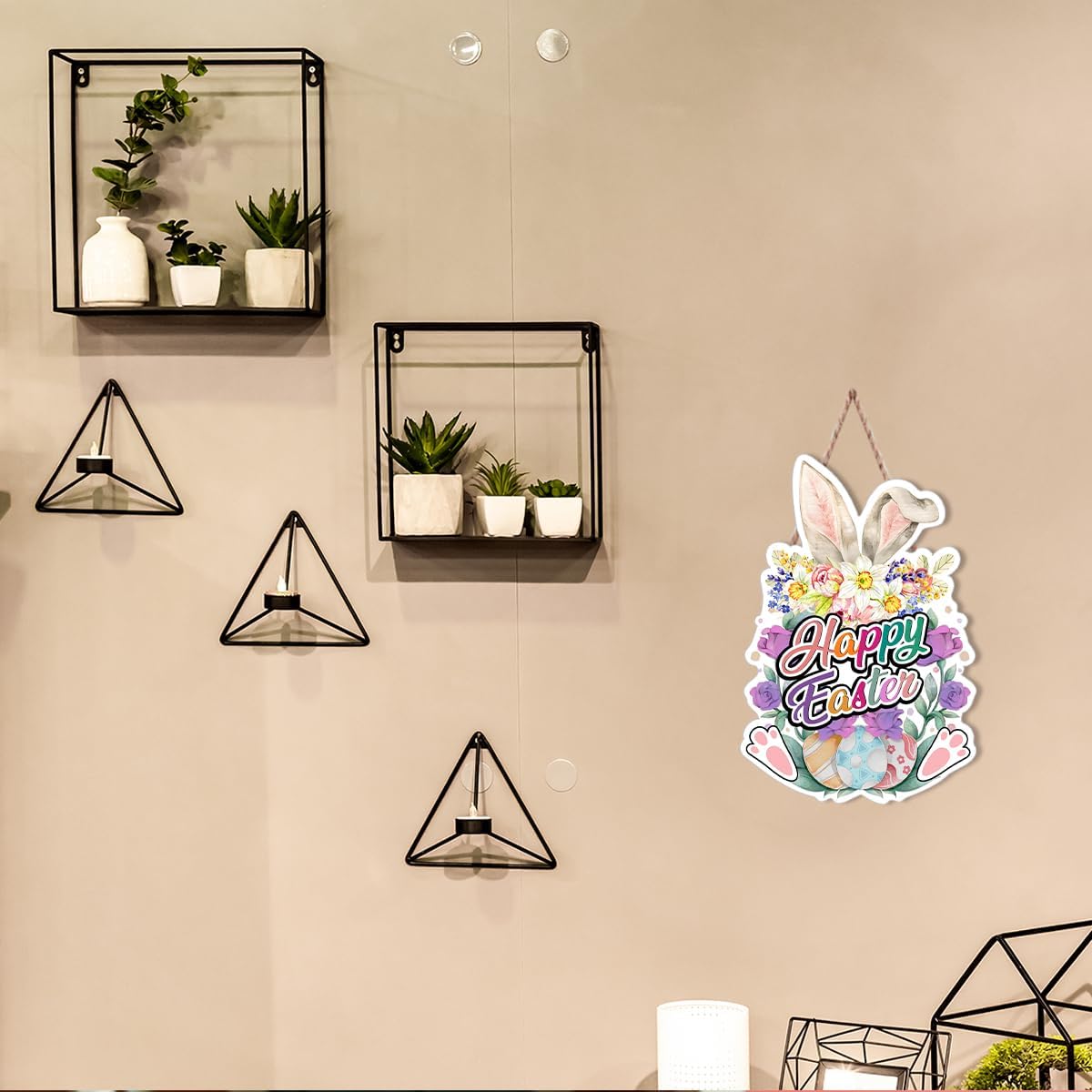 Happy Easter Front Door Decoration,Bunny Rabbit Ears Wooden Hanging Sign for Spring Holiday Indoor Outdoor Home Porch Window Hanger Decor - Image 5