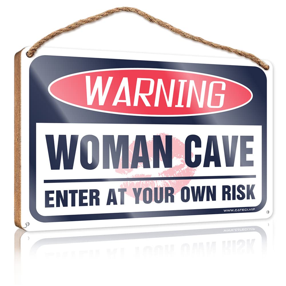 FZFN Bathroom Sign Funny Warning Woman Cave Enter At Your Own Risk Wooden Sign Home Sign For Front Porch Farm Hanging Door Sign(23X35CM)